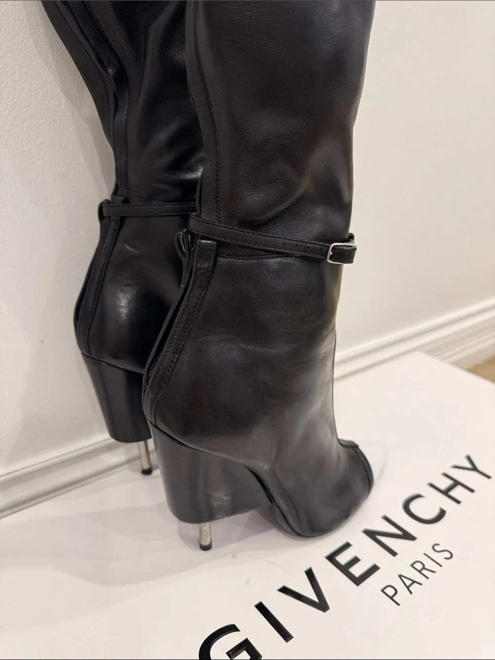 Givenchy Runway Black Lamb Leather Over The Knee Boots White Cap Toe 37